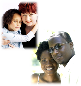 Woman with small girl; young man and woman embracing